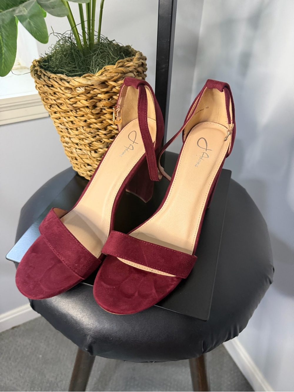 Suede Ankle-Strap Block Heels in Burgundy